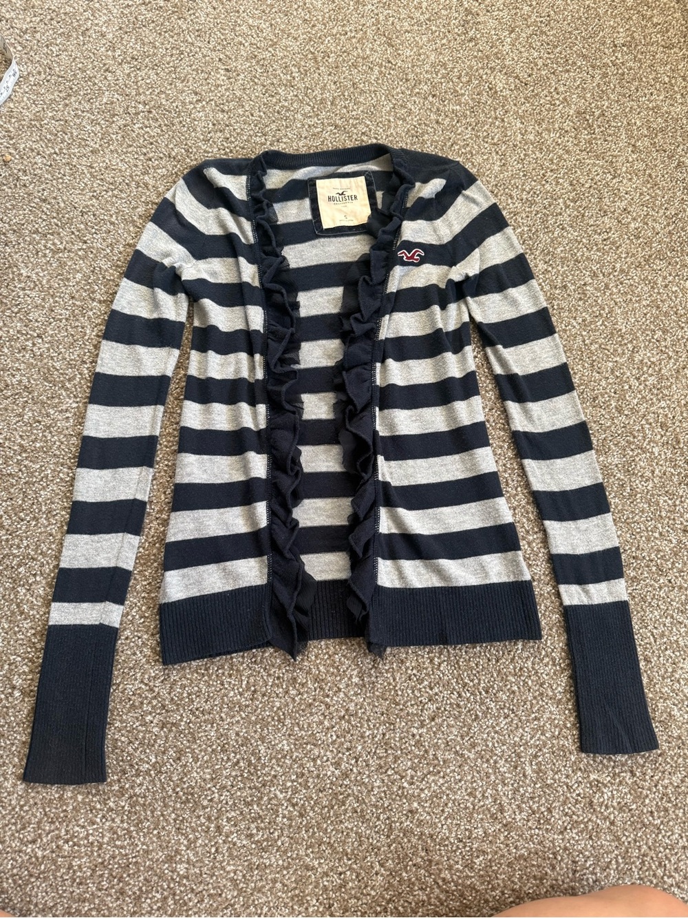 Vintage Hollister Navy and Cream Striped Ruffle Open Cardigan